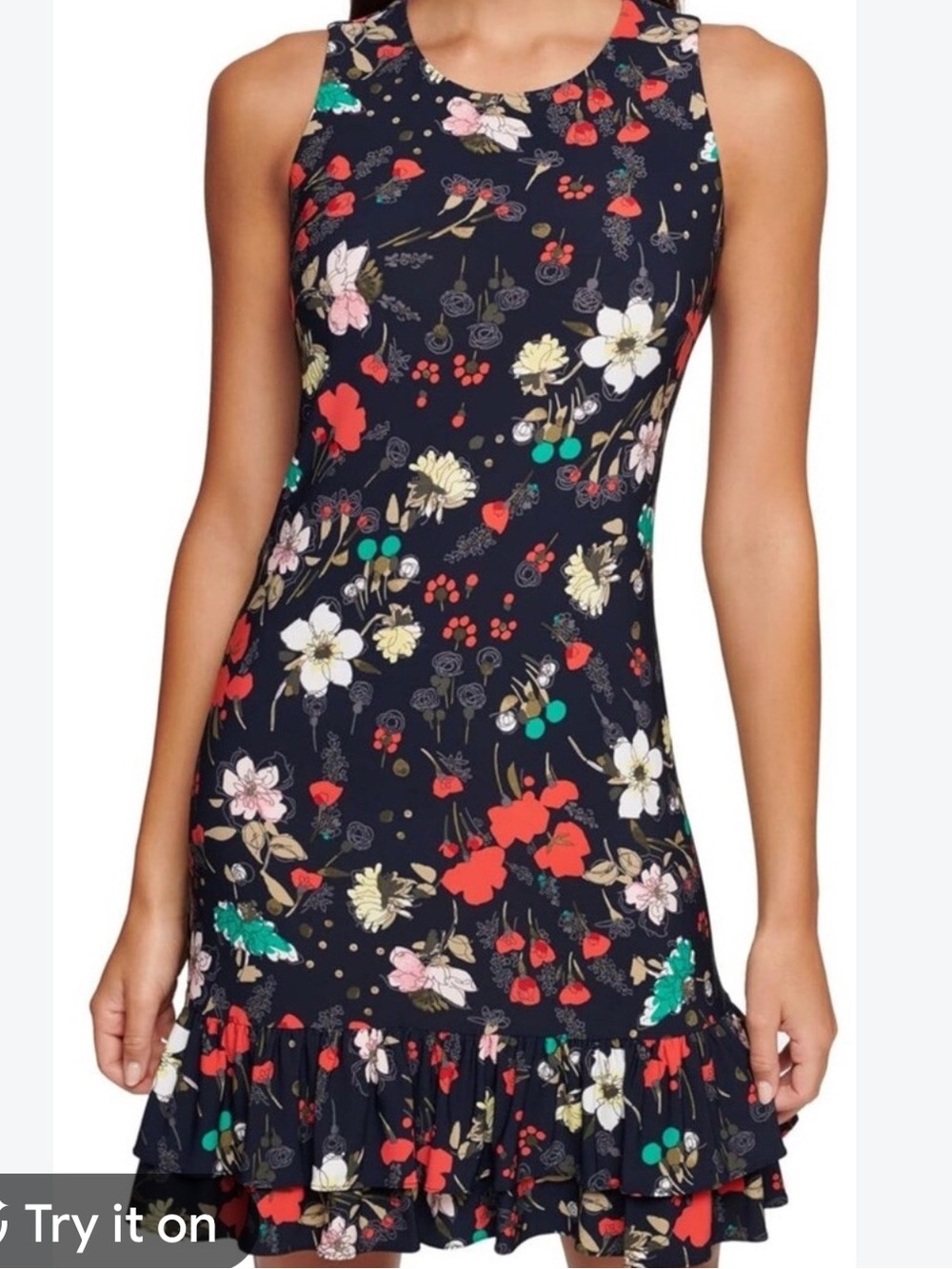 Tommy Hilfiger Navy Floral Sleeveless Ruffle-Hem Dress